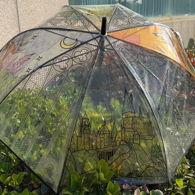 Decorative transparent umbrella with artistic design held by a person in front of a building.