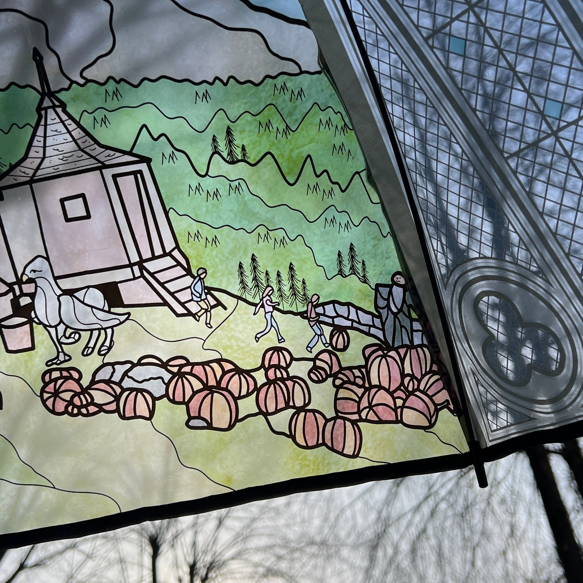 Wizard-inspired stained glass canopy umbrella featuring illustrated panels of a magical castle, whimsical crooked house, enchanted willow tree, grand candlelit dining hall, and vintage steam train.