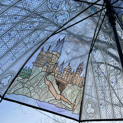 Decorative umbrella with stained glass-style castle design