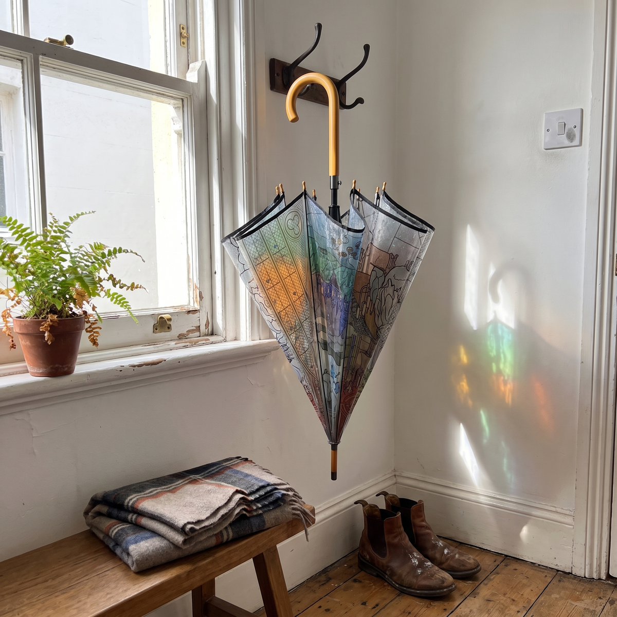A vintage-style umbrella with a colorful map print hangs from a black wall hook on a white wall. The scene is styled with a wooden bench holding a folded plaid blanket, a potted fern on the window sill, and a pair of brown leather boots on the wooden floor.