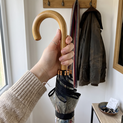 A hand holding a closed umbrella with a curved light wood handle and a patterned fabric body in an indoor setting with a coat rack and jacket in the background.