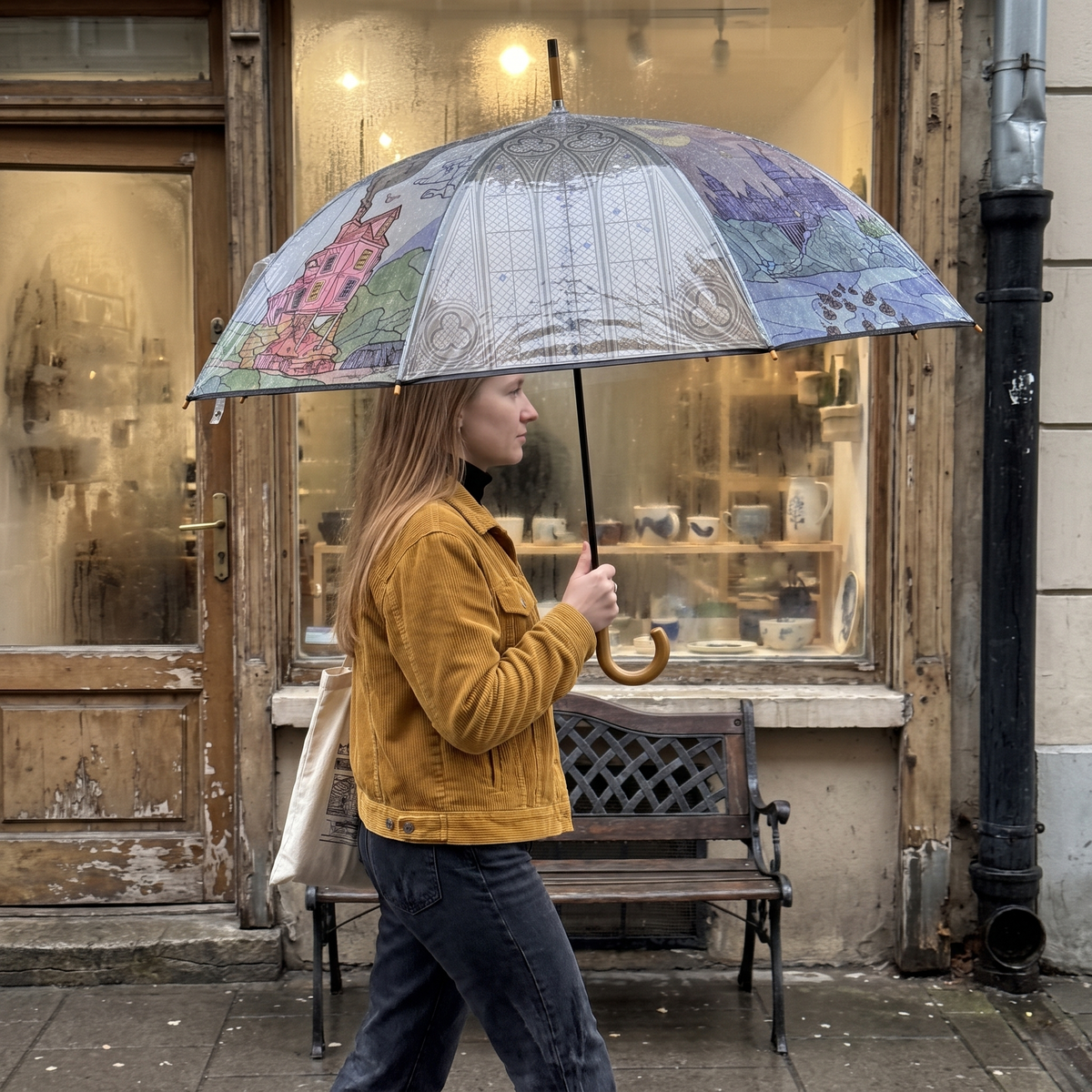 A woman walking past a shop window on a rainy day, holding a clear umbrella with a colorful printed design and a curved wooden handle.
